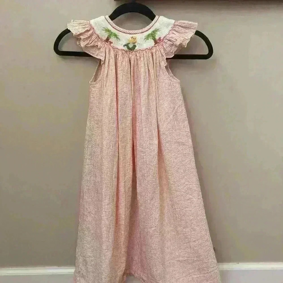 Posh Originals Smocked Seersucker Bishop Long Dress Mermaid Palm Trees Size 6X - Picture 2 of 10